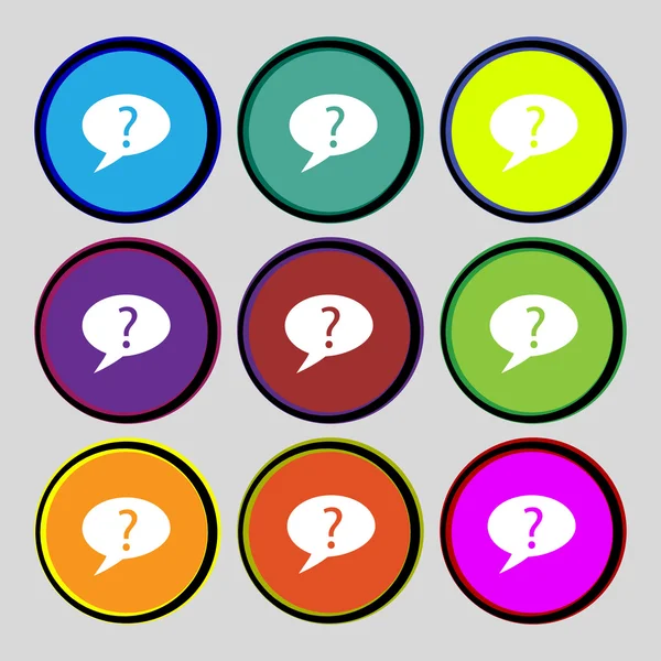 Question mark sign icon. Help speech bubble symbol. FAQ sign. Set colourful buttons. Vector — Stock Vector