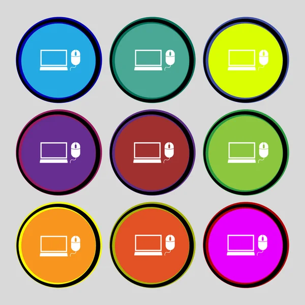 Computer widescreen monitor, mouse sign icon. Set colourful buttons. Vector — Stock Vector