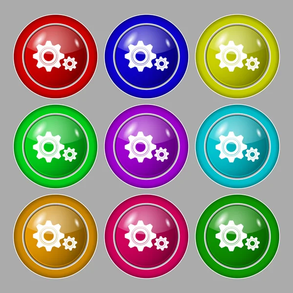 Cog settings sign icon. Cogwheel gear mechanism symbol. Set colourful buttons. Vector — Stock Vector