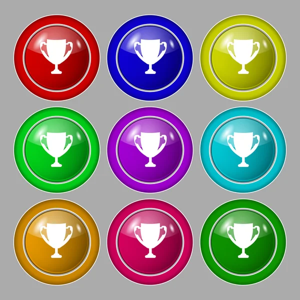 Winner cup sign icon. Awarding of winners symbol. Trophy. Set colourful buttons Vector — Stock Vector
