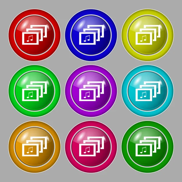 Muzyka mp3 formacie znak ikona. symbol muzyczny. zestaw kolorowych przycisków. wektor — Wektor stockowy