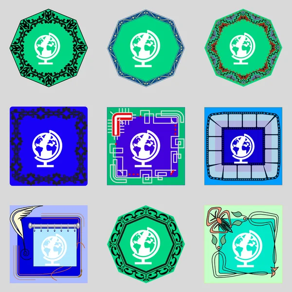 Globus-Zeichen. Weltkarte Geographie-Symbol. Globen stehen zum Studieren bereit. Farbtasten setzen. Vektor — Stockvektor