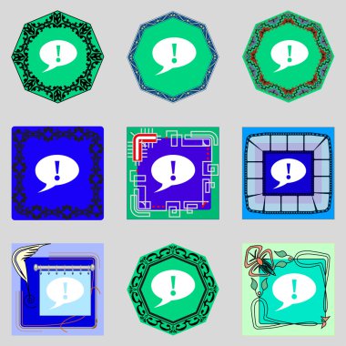 ünlem işareti simgesi. dikkat konuşma balonu sembolü. renkli düğmeler ayarlayın. vektör
