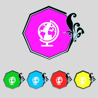 Küre işareti simgesi. Dünya harita Coğrafya sembolü. küre üzerinde çalışmak için stand. colur düğmeleri ayarlayın. vektör