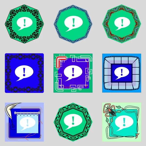 ünlem işareti simgesi. dikkat konuşma balonu sembolü. renkli düğmeler ayarlayın. vektör