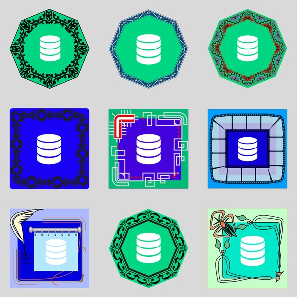 Festplatte und Datenbank-Zeichen-Symbol. -Stick-Symbol. Setzen Sie bunte Knöpfe. Vektor — Stockvektor