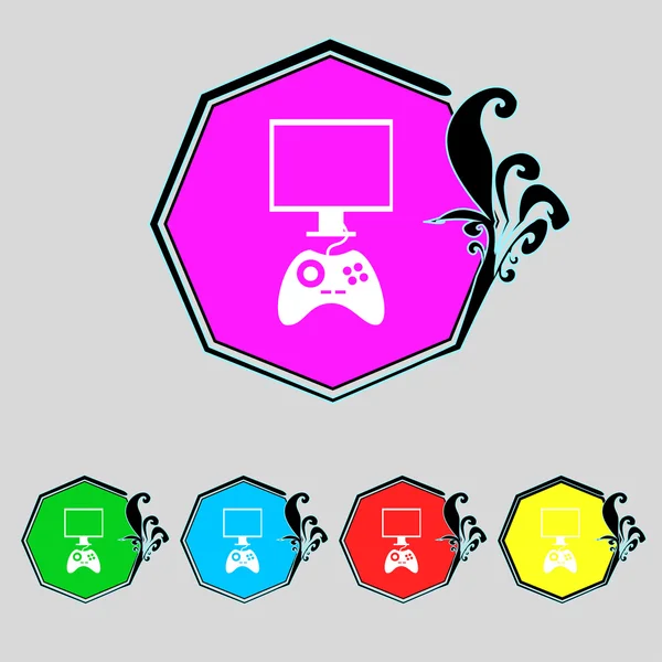 Joystick e monitor segno icona. Simbolo del videogioco. Impostare pulsanti colorati. Vettore — Vettoriale Stock