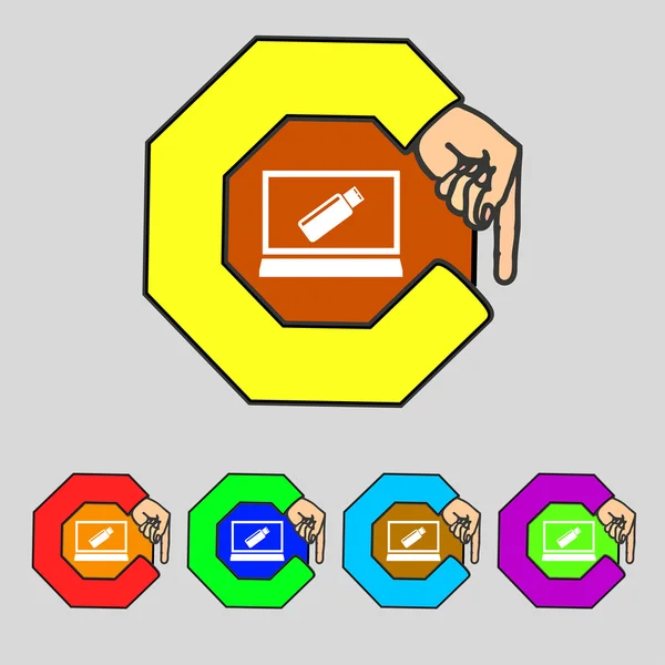 Unidad flash USB y el icono de signo de monitor. Símbolo de videojuego. Establecer botones de colores. Vector — Archivo Imágenes Vectoriales