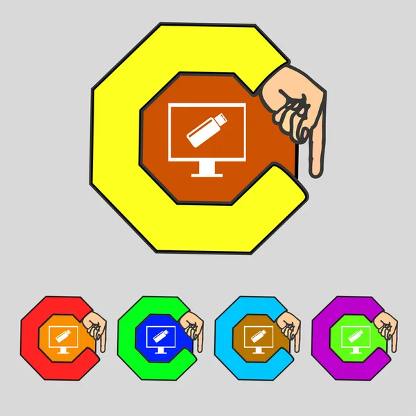 Unidad flash USB y el icono de signo de monitor. Símbolo de videojuego. Establecer botones de colores. Vector — Archivo Imágenes Vectoriales