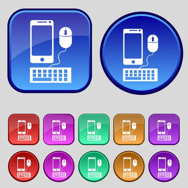 Monitor de pantalla ancha smartphone, teclado, icono de signo del ratón. Establecer botones de colores. Vector — Vector de stock