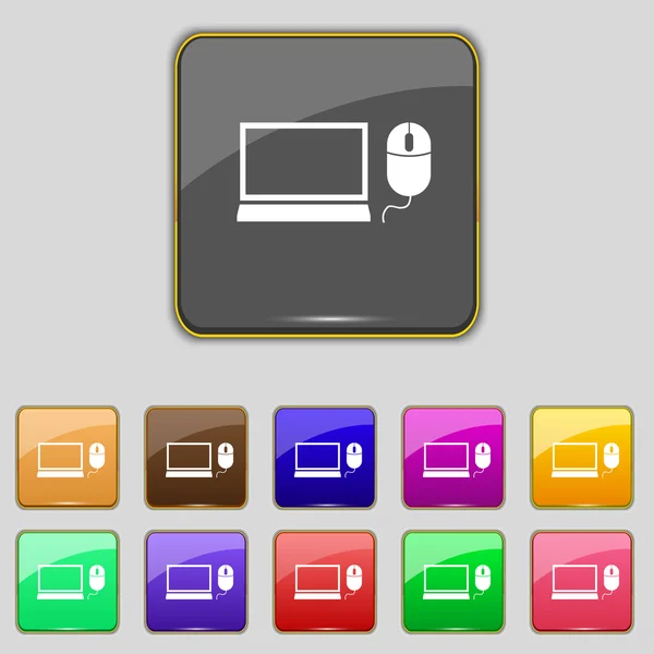 Komputer monitor panoramiczny, ikona myszy znak. zestaw kolorowych przycisków. wektor — Wektor stockowy