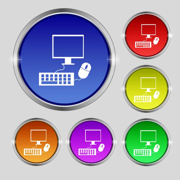 Monitor de pantalla ancha del ordenador, teclado, icono de signo del ratón. Establecer botones de colores. Vector — Archivo Imágenes Vectoriales