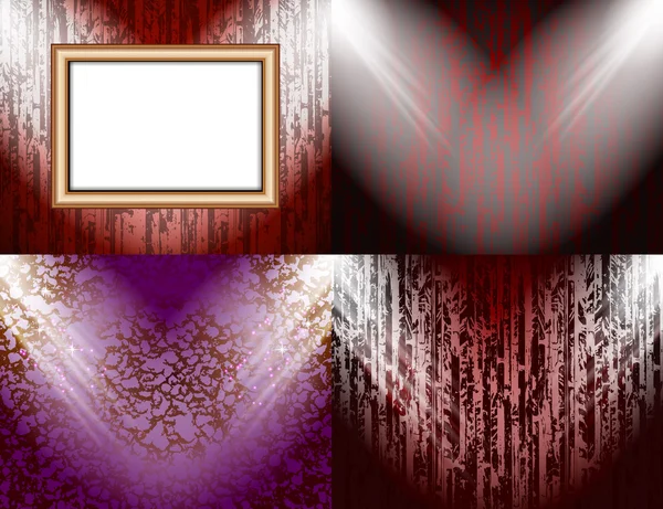 Het aantal lege frame op de muur van een kleur verlichting, abstracte gekleurde achtergrond met schijnwerpers. vector — Stockvector