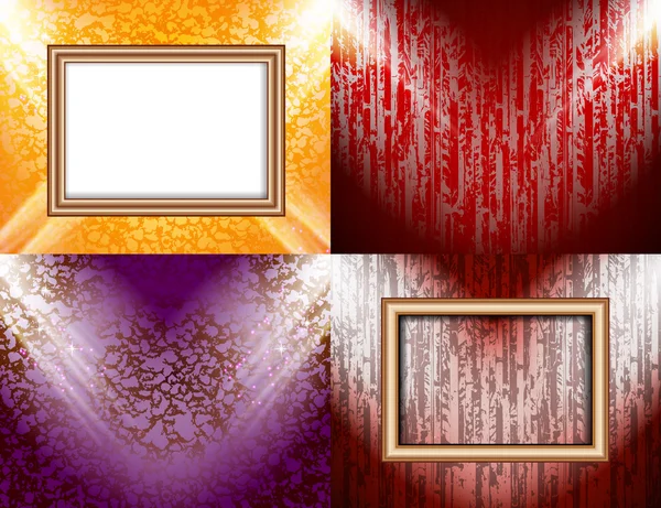 Het aantal lege frame op de muur van een kleur verlichting, abstracte gekleurde achtergrond met schijnwerpers. vector — Stockvector