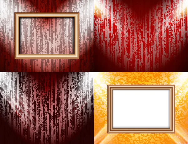 Het aantal lege frame op de muur van een kleur verlichting, abstracte gekleurde achtergrond met schijnwerpers. vector — Stockvector