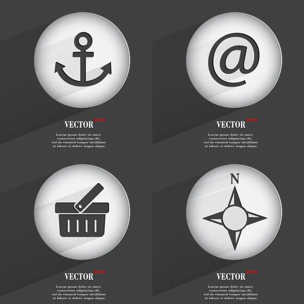 Set de 4 botones planos. Iconos con Sombras en Circular. Vector — Vector de stock