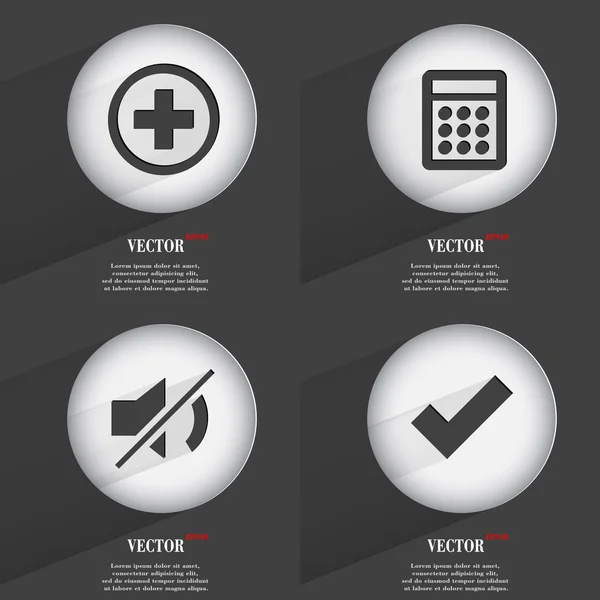 Set de 4 botones planos. Iconos con Sombras en Circular. Vector — Vector de stock