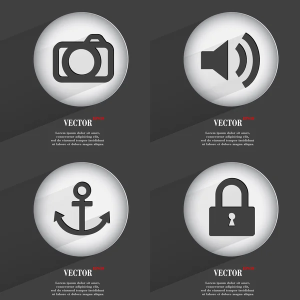 Set of 4 Flat Buttons. Icons with Shadows on Circular. Vector — Stock Vector