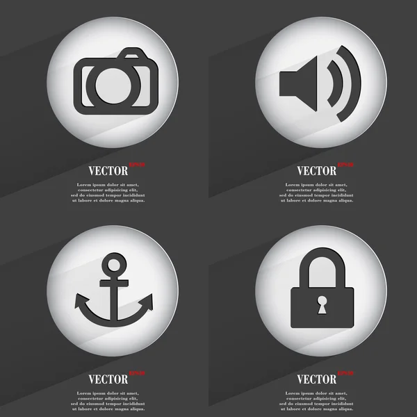 Set de 4 botones planos. Iconos con Sombras en Circular. Vector — Vector de stock