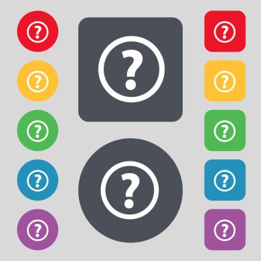 Soru işareti işareti simgesi. Konuşma balonu sembol yardım. Sıkça sorulan sorular Set renkli düğmeler vektör