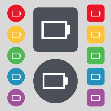 Pil boş işareti simgesi. Düşük elektrik sembolü. Renkli düğmeler kümesi. Vektör