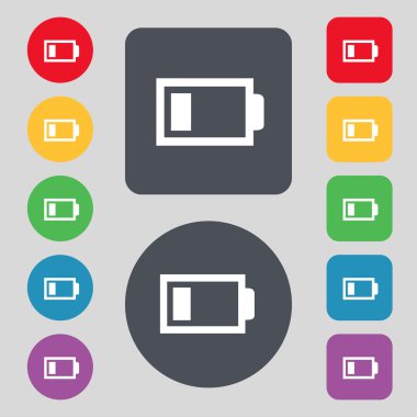 Pil düşük düzey işareti simgesi. Elektrik sembolü. Renkli düğmeler kümesi. Vektör