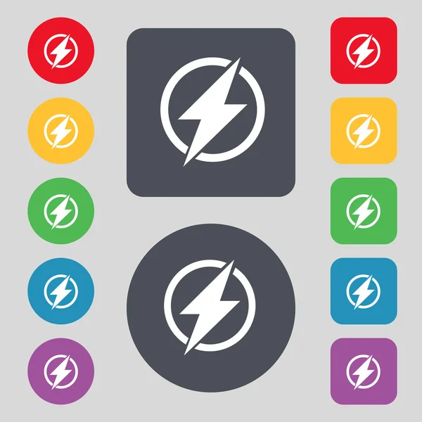 Fotoğraf flash işareti simgesi. Yıldırım sembolü. Renkli düğmeler kümesi. Vektör — Stok Vektör