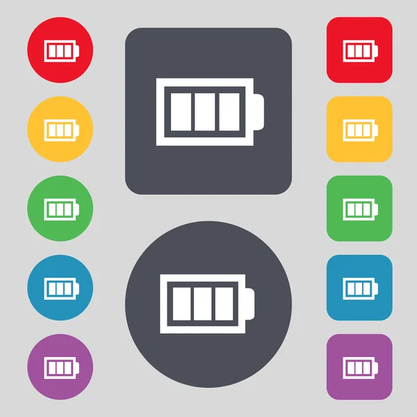 Batteria completamente carica segno icona. Simbolo dell'elettricità. Set di bottoni a colori. Pulsante moderno del sito web dell'interfaccia Vector — Vettoriale Stock