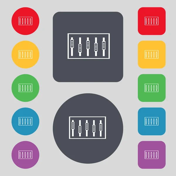 Consola Dj mezclar mangos y botones, iconos de nivel. Conjunto de botones de color. Vector — Vector de stock