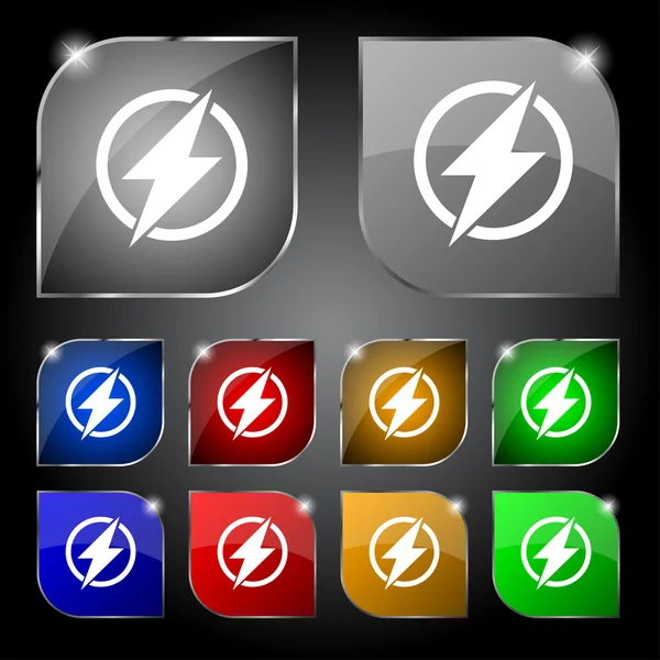 Photo flash sign icon. Lightning symbol. Set of colour buttons. Vector — Stock Vector