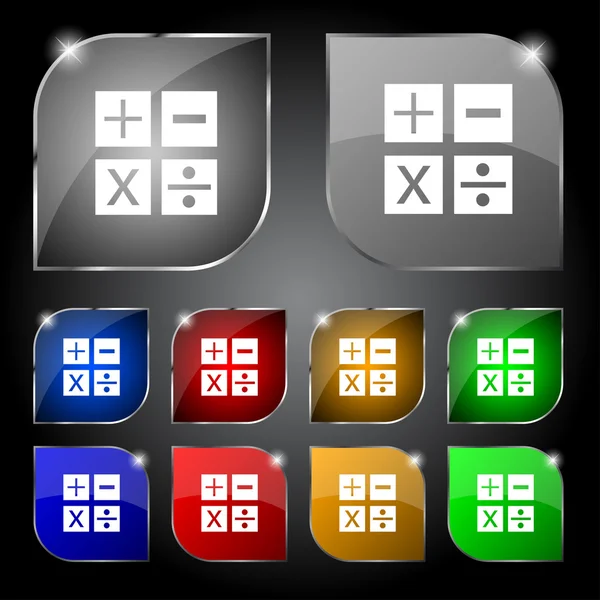 Vermenigvuldiging, division, plus, pictogram Math minteken wiskunde Set van kleur knoppen Vector — Stockvector