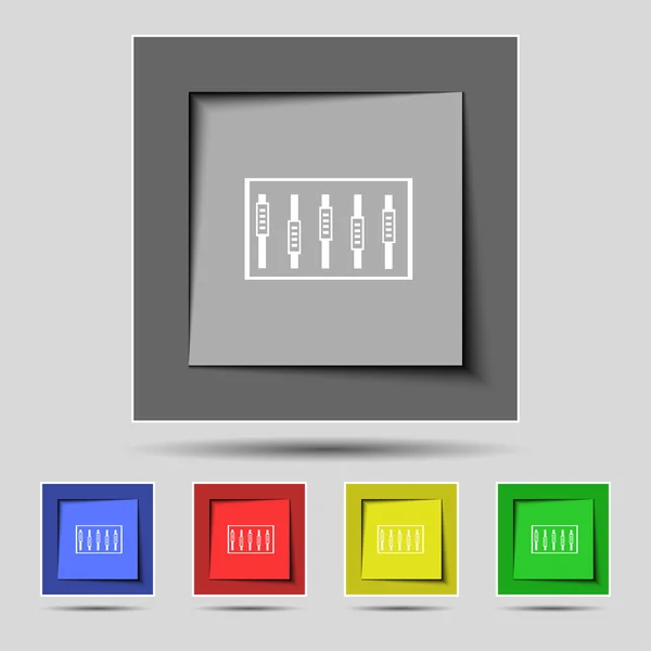 Consola Dj mezclar mangos y botones, iconos de nivel. Conjunto de botones de color. Vector — Archivo Imágenes Vectoriales