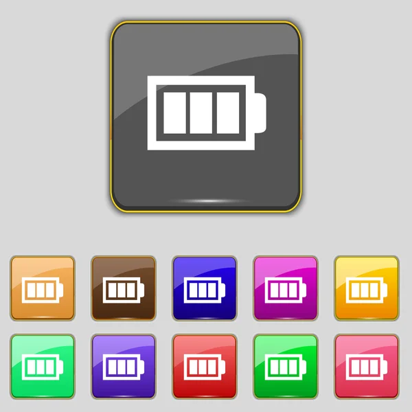 Icono de signo de batería completamente cargado. Símbolo de electricidad. Conjunto de botones de color. Interfaz moderna botón del sitio web Vector — Vector de stock