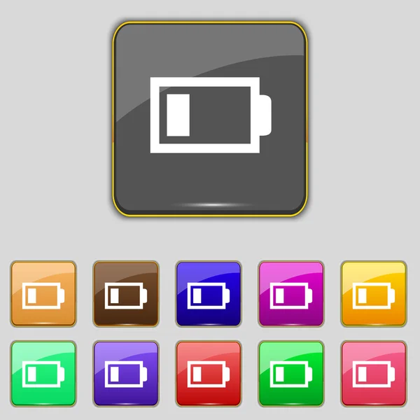 Batteria icona del segno di basso livello. Simbolo dell'elettricità. Set di bottoni a colori. Vettore — Vettoriale Stock
