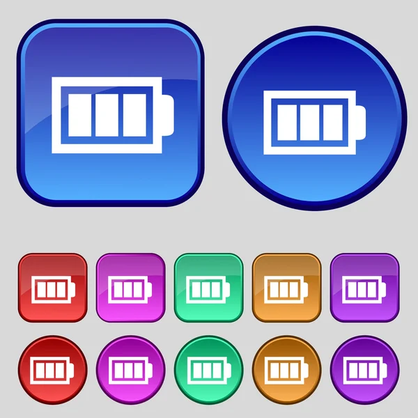 Icono de signo de batería completamente cargado. Símbolo de electricidad. Conjunto de botones de color. Interfaz moderna botón del sitio web Vector — Vector de stock
