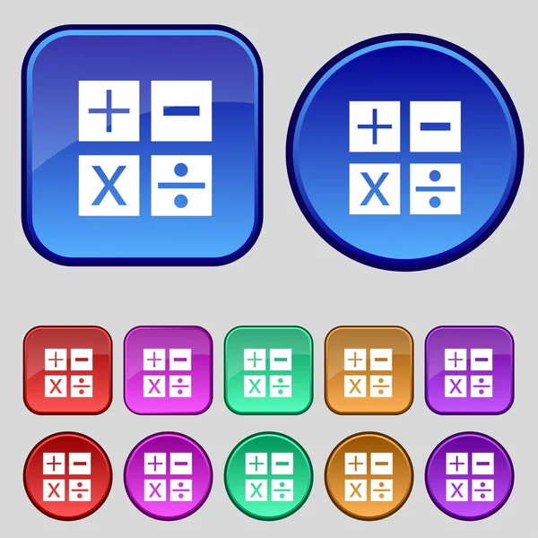 Multiplicación, división, más, menos icono Símbolo matemático Matemáticas Conjunto de botones de color Vector — Archivo Imágenes Vectoriales