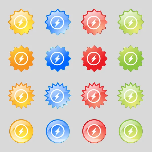 Photo flash sign icon. Lightning symbol. Set of colour buttons. Vector — Stock Vector