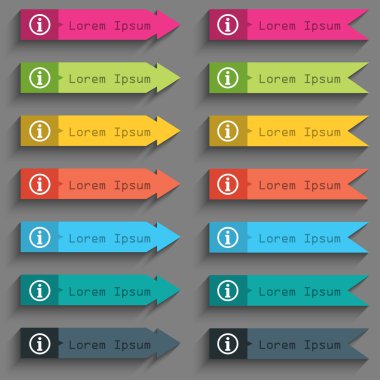 Bilgi işareti simgesi. Bilgi: konuşma balonu sembolü. Renkli düğmeler kümesi. Vektör