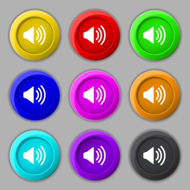 Speaker volume sign icon. Sound symbol. Set colour buttons. Vector clipart