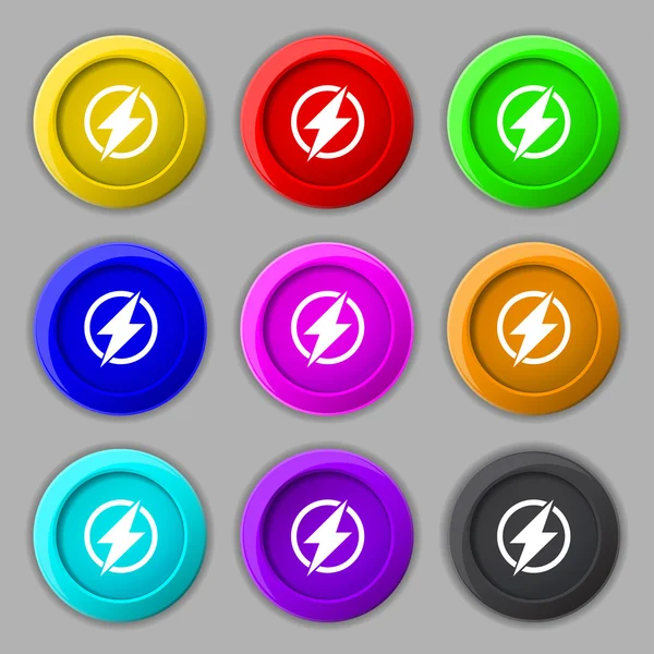 Icono de signo de flash foto. Símbolo del rayo. Conjunto de botones de color. Vector — Vector de stock