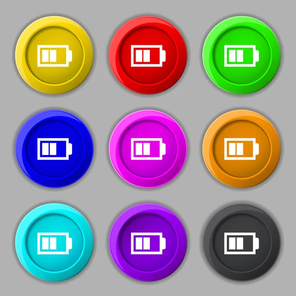 Battery half level sign icon. Low electricity symbol. Set of colour buttons. Vector — Stock Vector