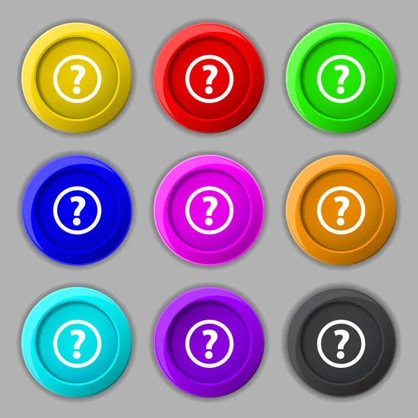 Soru işareti işareti simgesi. Konuşma balonu sembol yardım. Sıkça sorulan sorular Set renkli düğmeler vektör — Stok Vektör