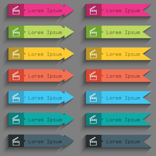 Cinema Clapper signo icono. Símbolo de cámara. Conjunto de botones de color. Vector — Vector de stock