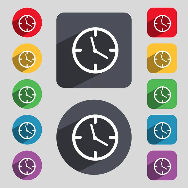 Reloj signo de tiempo icono. Símbolo mecánico del reloj. Conjunto de botones de colores. Vector — Vector de stock