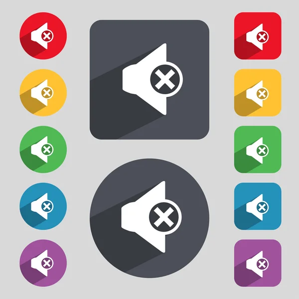 Mute speaker sign icon. Sound symbol. Set of colourful buttons. Vector — Stock Vector