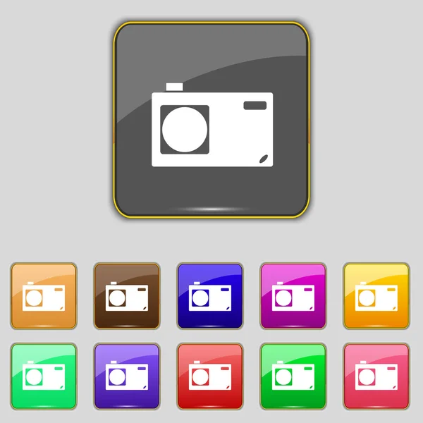 Photo camera sign icon. Digital symbol. Set colourful buttons. Vector — Stock Vector