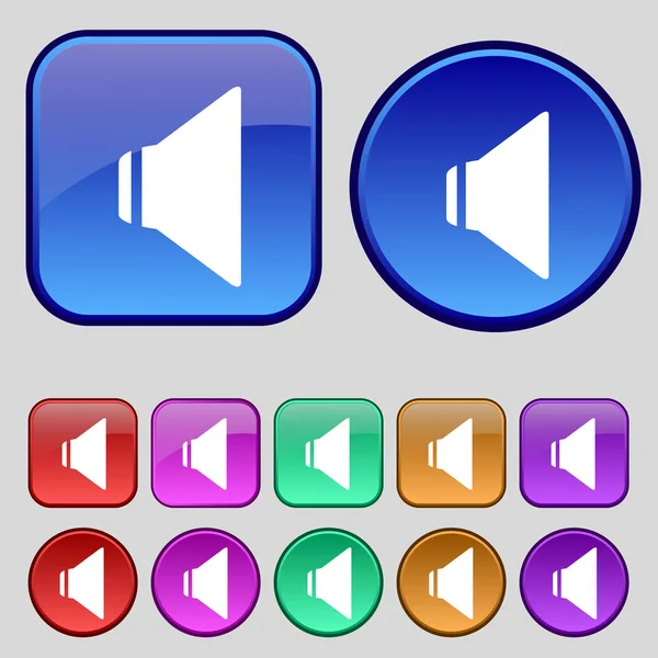 Spreker volumepictogram teken. geluid symbool. kleurrijke knoppen instellen vector — Stockvector