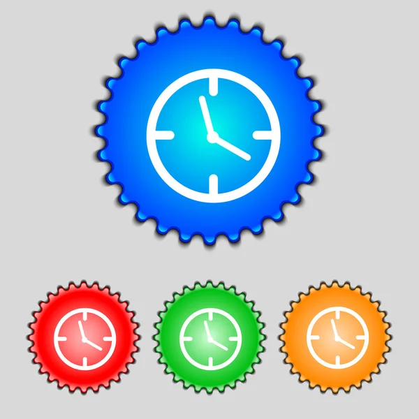 Reloj signo de tiempo icono. Símbolo mecánico del reloj. Conjunto de botones de colores. Vector — Archivo Imágenes Vectoriales