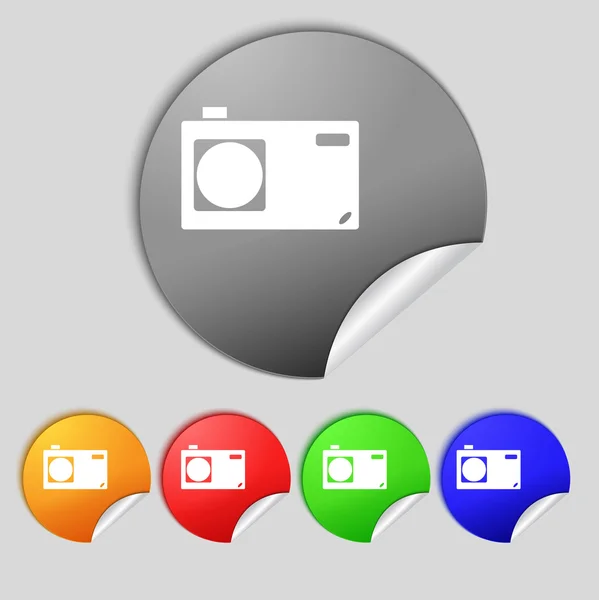 Photo camera sign icon. Digital symbol. Set colourful buttons. Vector — Stock Vector