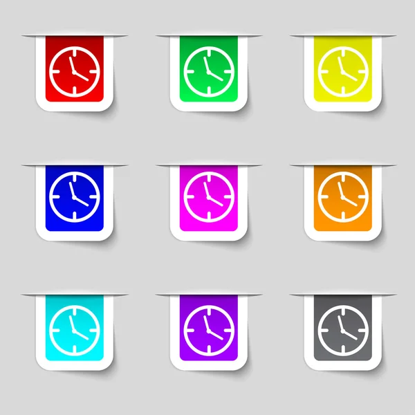 Reloj signo de tiempo icono. Símbolo mecánico del reloj. Conjunto de botones de colores. Vector — Vector de stock